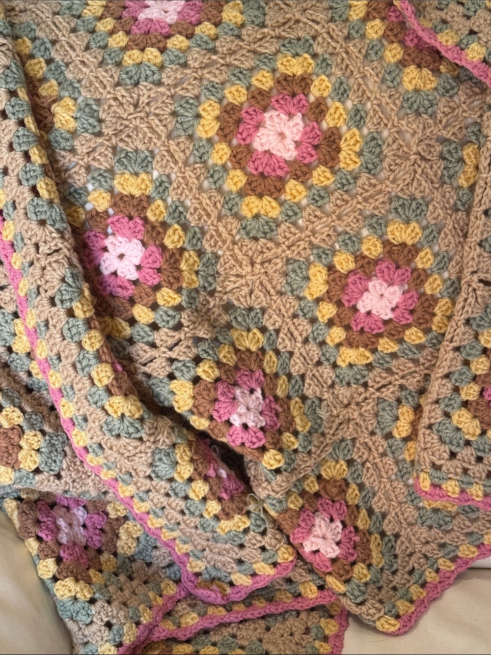 Handmade Blanket-Crocheted Granny Square-Pink/Brown/Green/Yellow-Gently Used - Picture 5 of 17